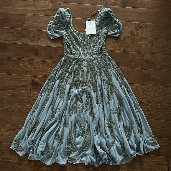 Mac Duggal 5434 Short Sleeve Silver Slate Blue Beaded Tea Length Dress Sz 8 NWT - Picture 4 of 14